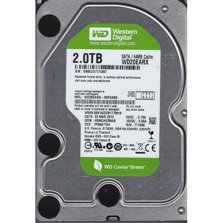WD20EARX-00PASB0, DCM HBNCHV2MAB, Western Digital 2TB SATA 3.5 Hard Drive