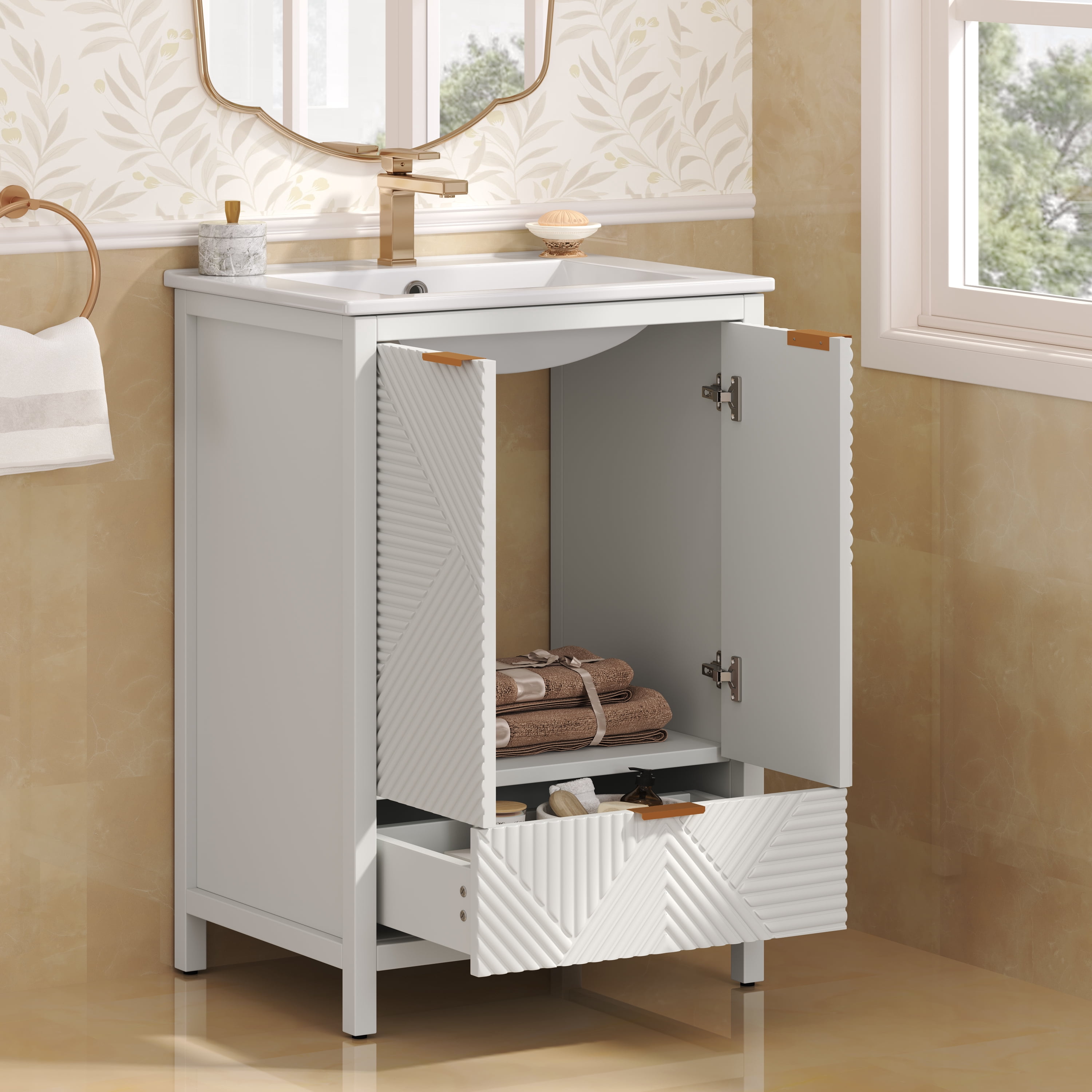 Euroco 24 Inches Bathroom Vanity with Sink Combo, Modern Bathroom Vanity with Single Faucet Hole, Textured Door Panels and a Drawer, Pine Legs, Large Storage Space & Soft Close Hinges, White