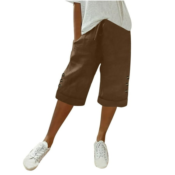 Women's Shorts Womens Casual Solid Side Pockets Pants Shorts Elastic Waist Pockets Daily Mid Long Shorts,Brown Women's Shorts XXL