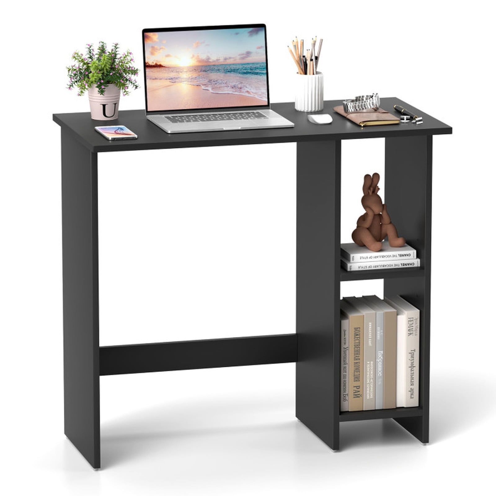 Furnibear Small Computer Writing Desk with 3-Position Adjustable Storage Shelf, Anti-Toppling Device and Reinforced Crossbar Black