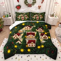 Manfei Cartoon Christmas Cabin Bedding Comforter Set for Kids, Winter Xmas Tree Twin Comforter Sets, Dreamy Fairy Tale Reversible Bedding Set, Lightweight Room Decor, 2pcs