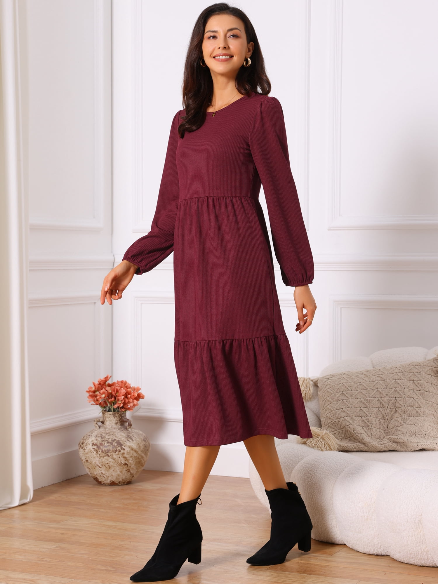 DARING DIVA Tiered Long Sleeve Round Neck Knit A-Line Midi Dress S Burgundy