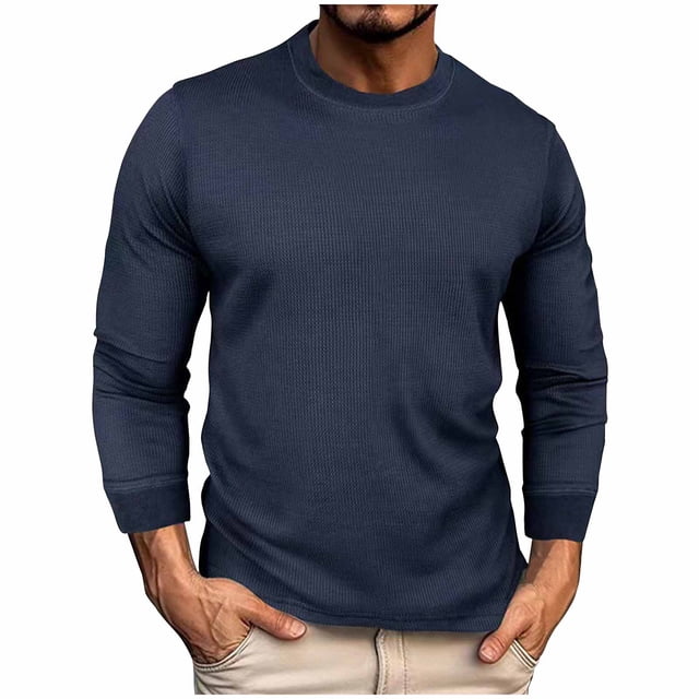 Blusas y camisas de manga larga con cuello redondo para hombre, moda de alta elasticidad, ocio, color sólido, cuello redondo, camisa de manga larga fácil, abrigo de poliéster para hombre