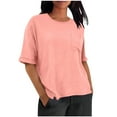 thumbnail image 2 of XUNKUSGA Womens Tops Comfortable Soild Color Cotton Linenn Womens Blouses Classic Casual Short Sleeve Crewneck Basic Tops Lightweight Loose Going Out Tops S-3XL Pink, 2 of 9