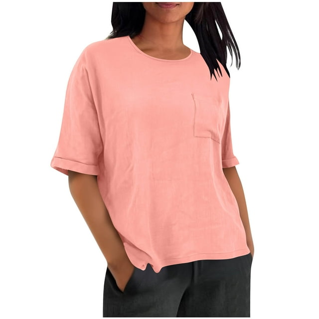 Pisexur Womens Tops Confortable Couleur Unie Coton Lin Womens Blouses Classique Décontracté Manches Courtes Col Rond Basique Tops Léger Ample Sortie Tops P-3TG Rose