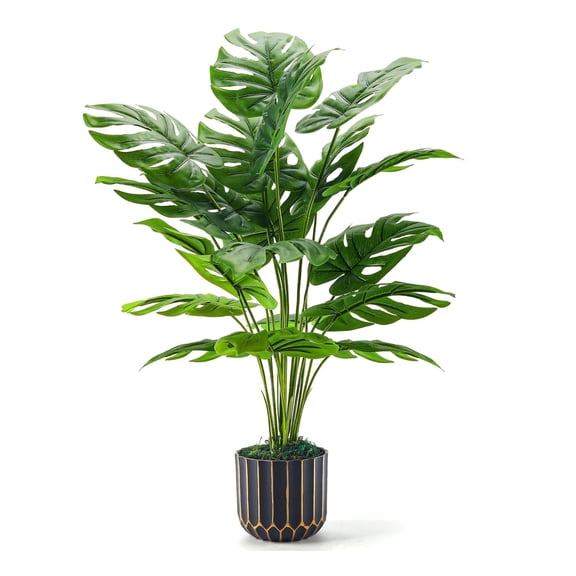 28 Inch Tall Fake Monstera Plant Artificial Faux Tropical Split Leaf Plants with Black and Gold Pot for Indoor Living Room Home House Decor