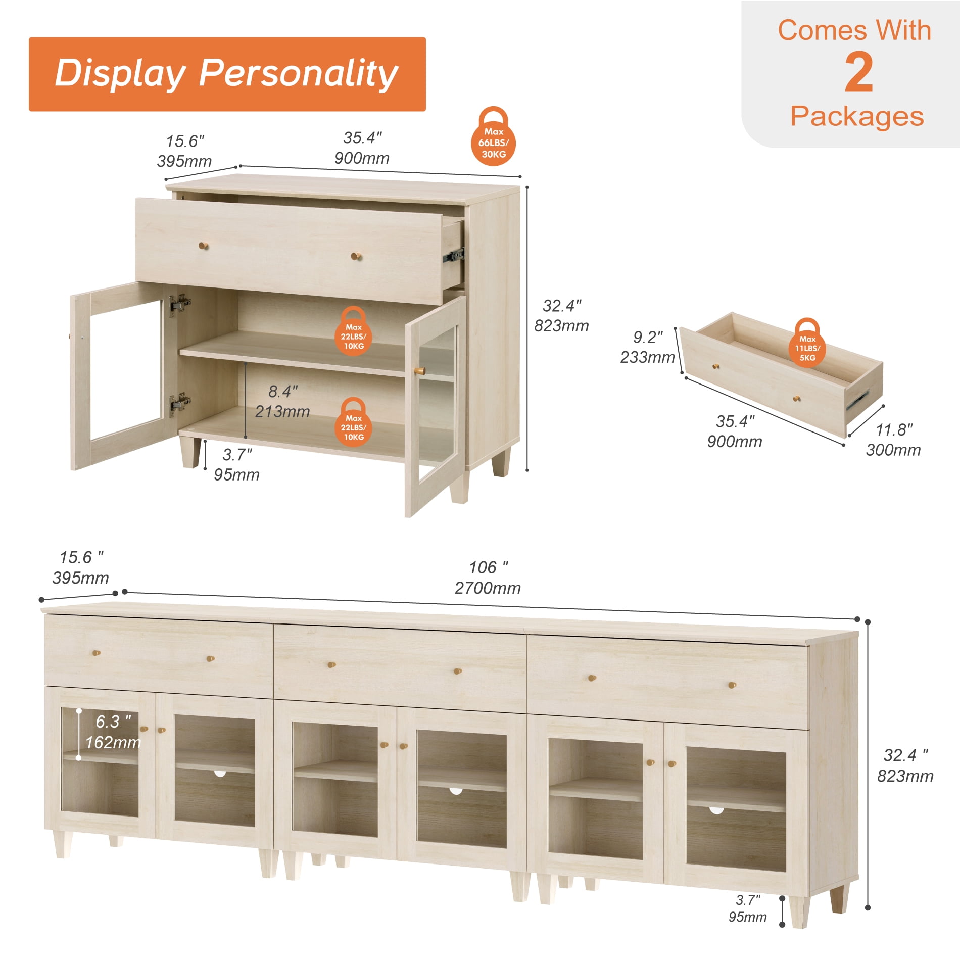 Modern Glass‑Door Dresser Cabinet, Bedroom Organizer – Wide Drawer, Fixed Shelf, Anti‑Tip, Light Oak, 106" W