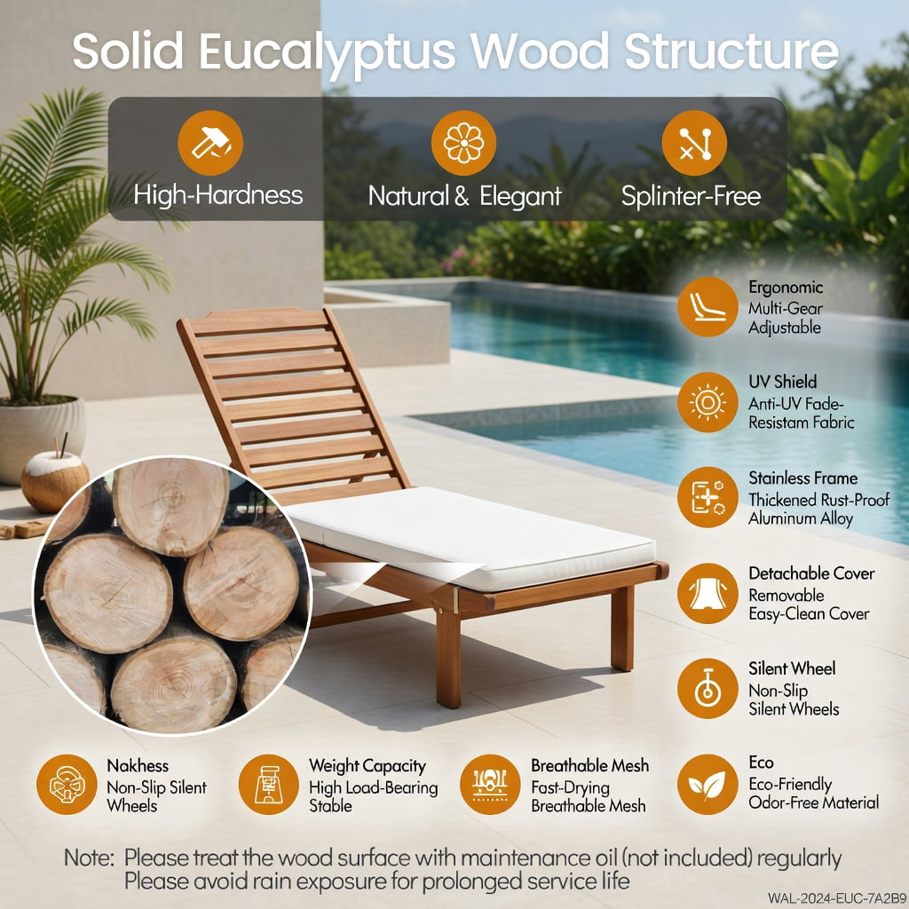 Hommoo Eucalyptus Wood Outdoor Chaise Lounge Chair with Cushion, 5-Position Reclining Patio Lounger, Foldable & Wheeled for Poolside, Garden & Deck, White