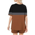 thumbnail image 3 of hxobax Shorts Sets for Womens 2 Piece Loungewear Trendy Colorblock Pajama Set Round Neck Short Sleeve Tops and Short Pant Comfy Matching Sets Sleepwear Soft Pj Set with Pocket,#01_Coffee,XX-Large, 3 of 6
