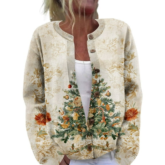WTOBBY Women's Christmas Print Knit Cardigan, Fun and Festive Holiday Sweater for Fall and Winter, Long Sleeve Pullover with Seasonal Designs,Beige L