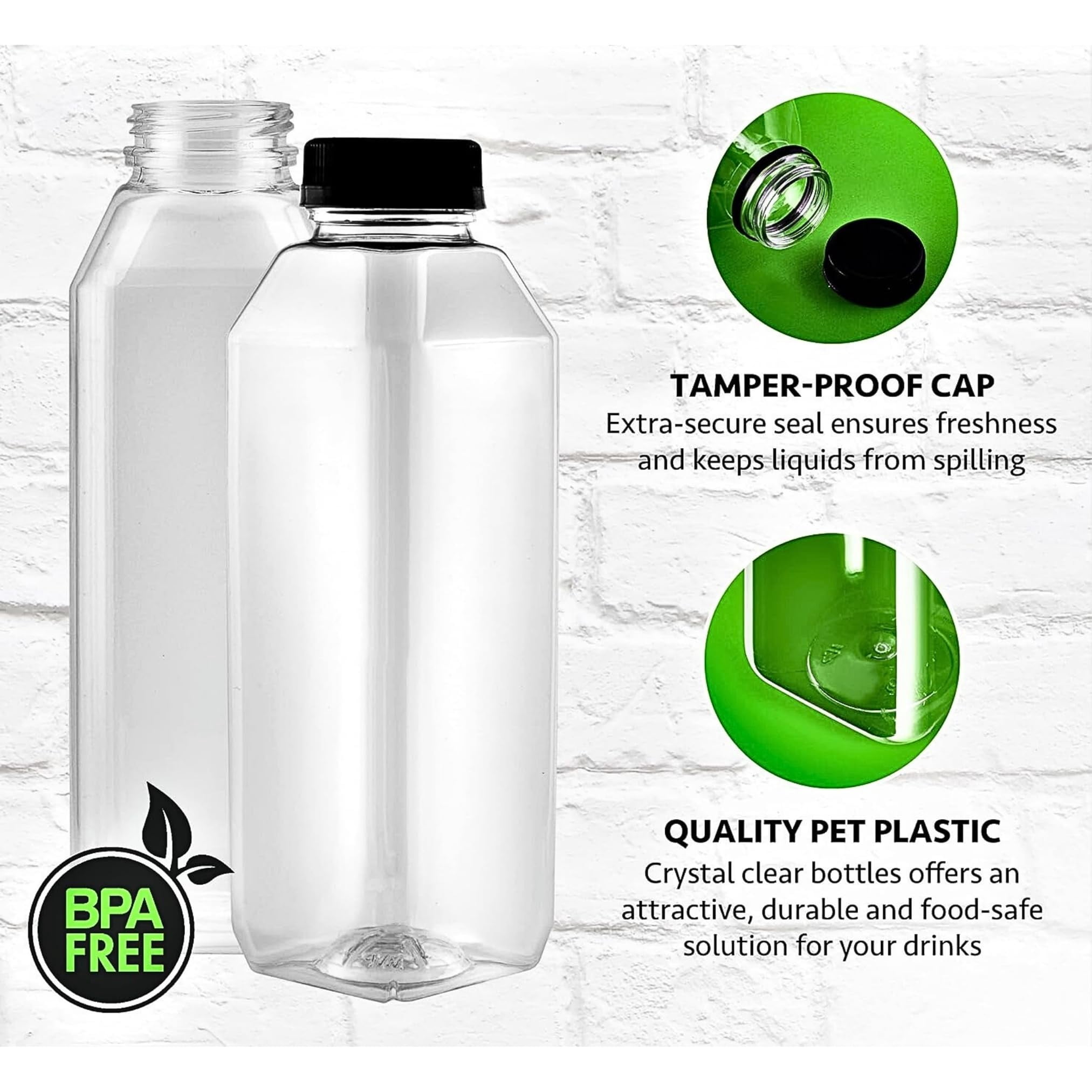 Green Direct 16oz Clear Plastic Reusable Juice Bottles with Caps | Empty Water Bottles for Juicing, Smoothies, Shakes | BPA-Free, Durable & Leakproof | Pack of 35