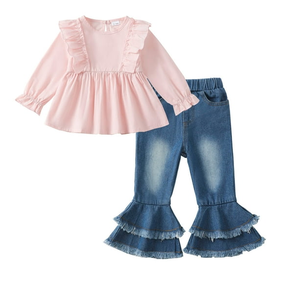 3T Baby Girls Clothes 4T Girls 2PCS Outfits Set Solid Color Toddler Girls Long Sleeve Crew Neck Top Denim Pants Set Pink
