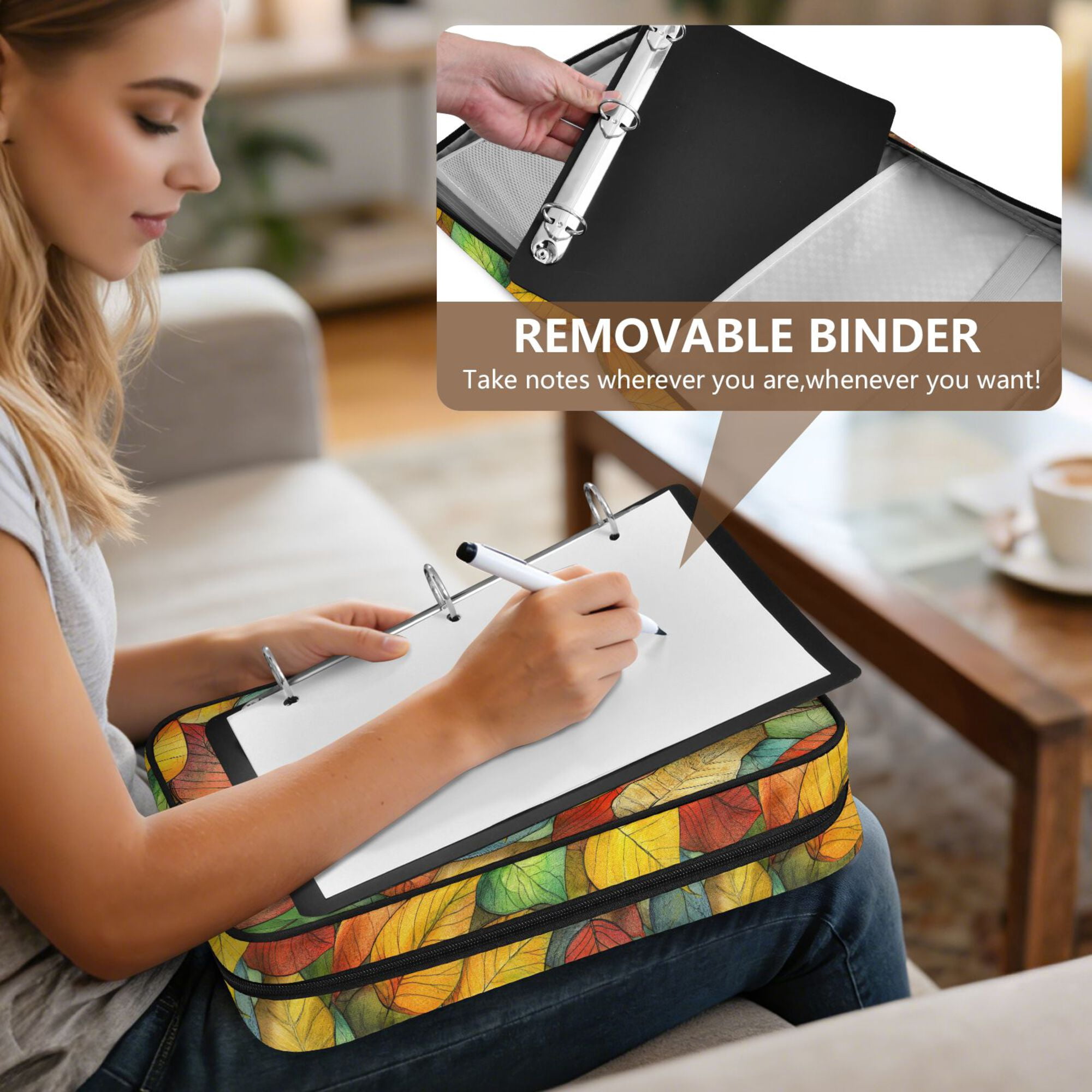FORMRS Accordion File Folder A4 Size 7-Pocket Expanding Document Organizer Bag with 3 Ring Binder, Retro Autumn Leaves