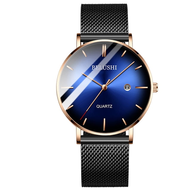 Reloj Ultra-Thin parahombre con esfera azul impermeable y reloj de cuarzo Dorado