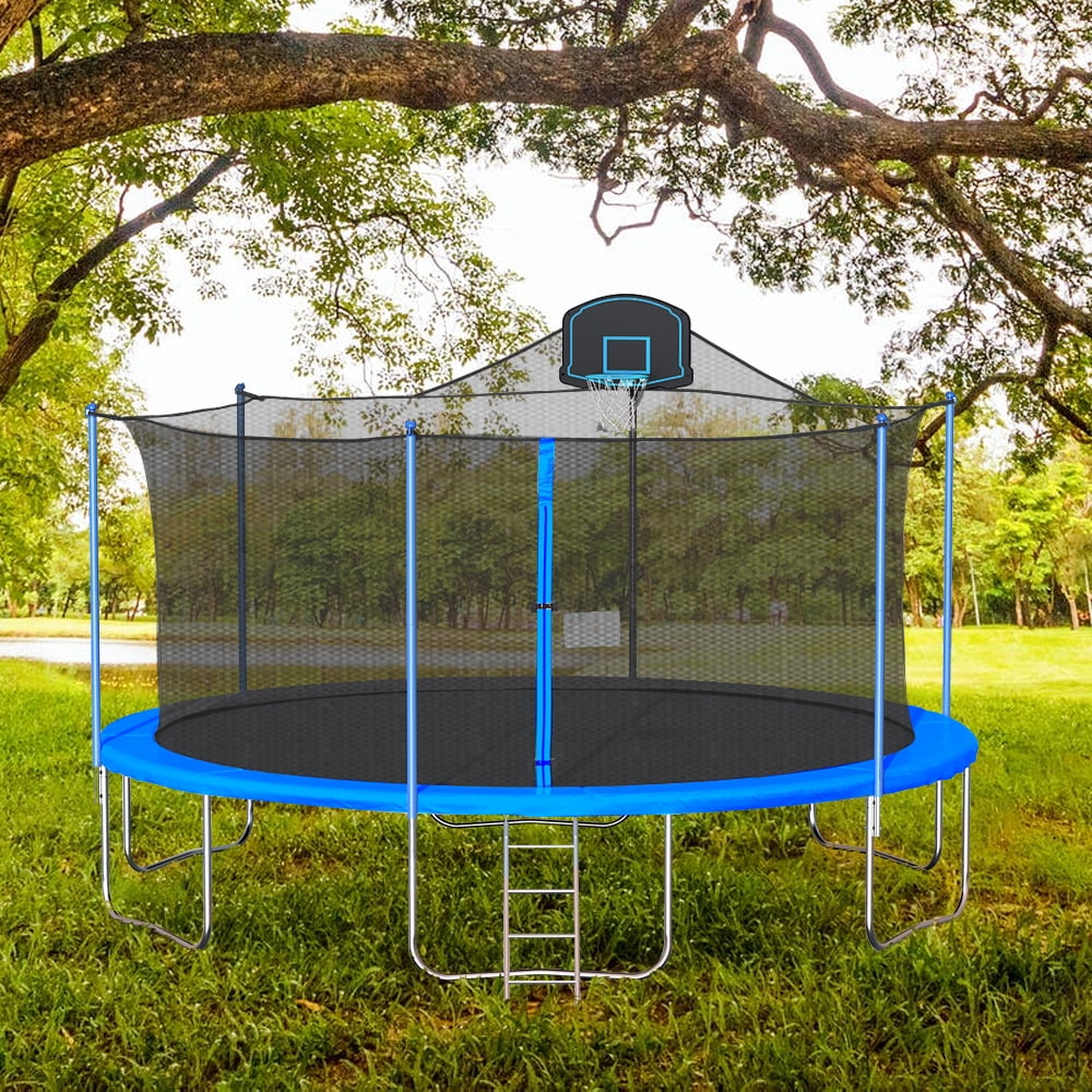16 Ft Trampoline with Safety Net, Ladder & Basketball Hoop, Outdoor