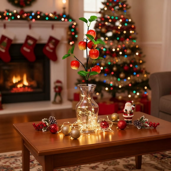 Ramas de Granada y Caqui Simuladas, Flores Artificiales, 5 Tallos Grandes de Plástico, Hojas Realistas, Decoración Flexible para El Hogar y La Sala de Estar | Centro de Mesa Navideño, Corona de Repis