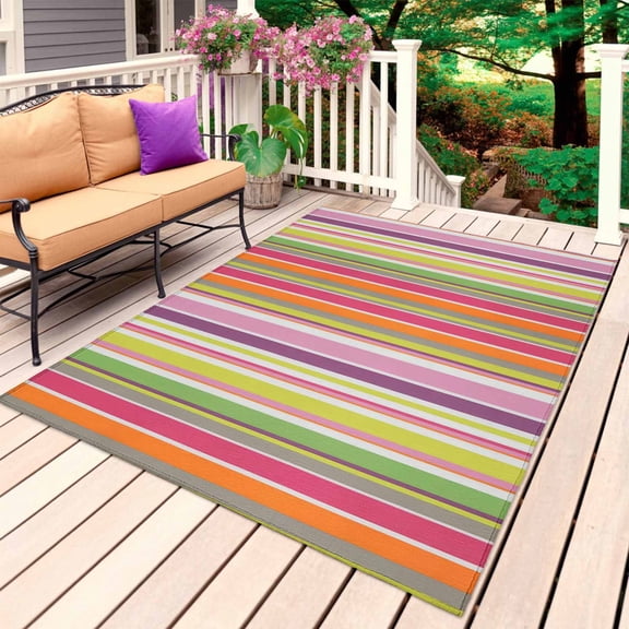 Colorful Striped Outdoor Rug for Patio/Deck/Porch, Non-Slip Large Area Rug 5 x 8 Ft, Farmhouse Modern Stripes Art Indoor Outdoor Rugs Washable Area Rugs, Reversible Camping Rug Carpet Runner