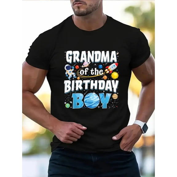 Grandma of the Birthday Boy" Space-Themed Men's Black Cotton T-Shirt - Soft, Comfortable Crewneck with Short Sleeves, Ideal for Summer Celebrations & Casual Wear, Available in Multiple Sizes