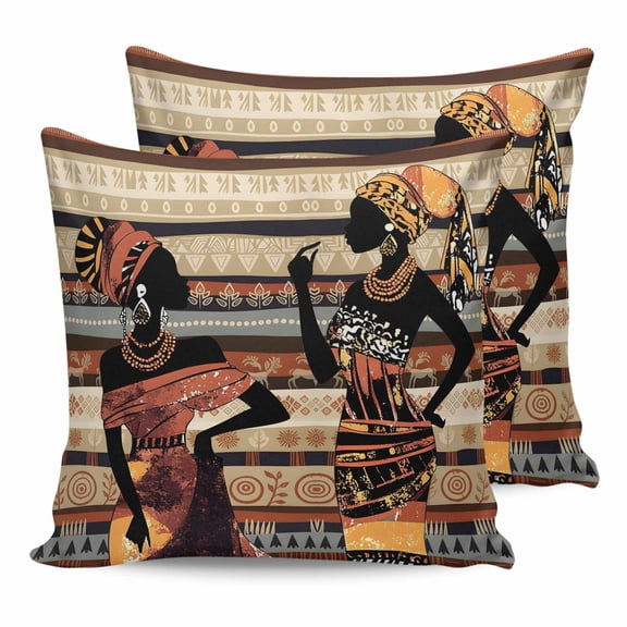 18x18 Pillow Covers Set of 2, African Women Throw Pillow Covers Decorative Couch Cushion Case, Black Boho Tradition Ethnic Southwest Microfiber Square Pillowcases for Bedroom Car Living Room