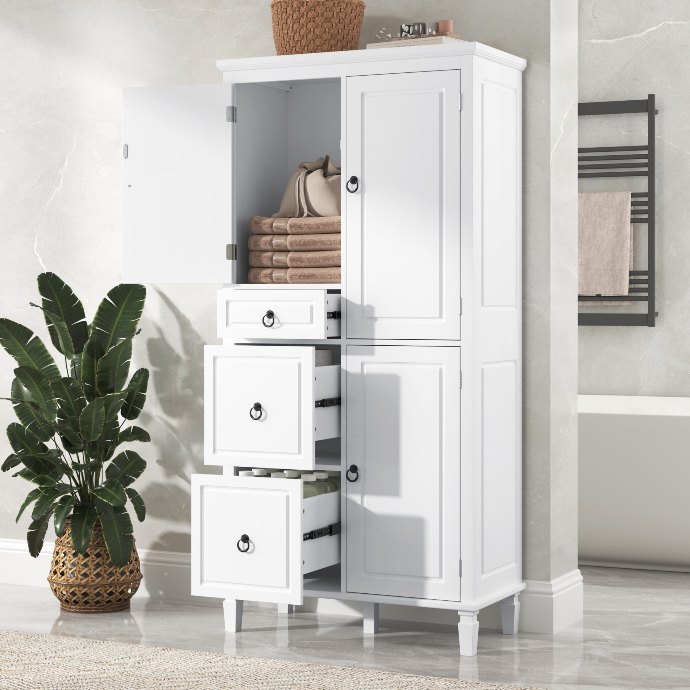 AENKYO 61.7'' Bathroom Cabinet with Adjustable Shelves, Tall Storage Cabinet with 3 Drawers, White