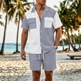 thumbnail image 2 of BLCHUNen Mens Vacation Outfits Summer Collared V Neck Button Shirts Shorts Set Casual Loose Color Block Beach Sets(XXL,Gray, 2 of 6