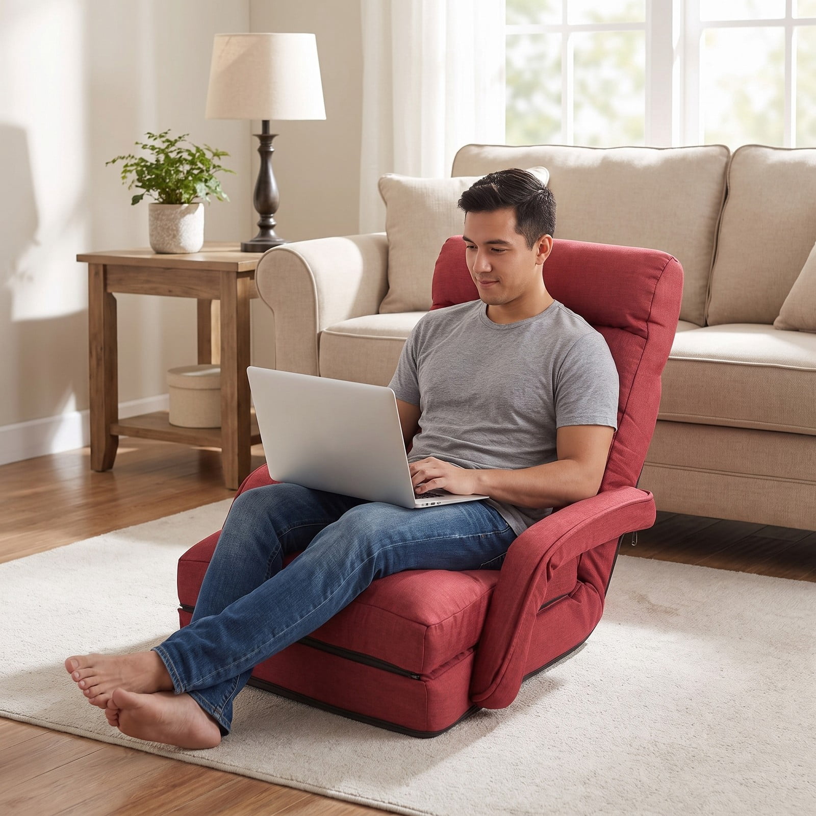 Furnibear Folding Lazy Floor Chair Sofa with Armrests and Lumbar Pillow, 6-Position Adjustable Padded Gaming Meditation Recliner for Living Room Bedroom, Red