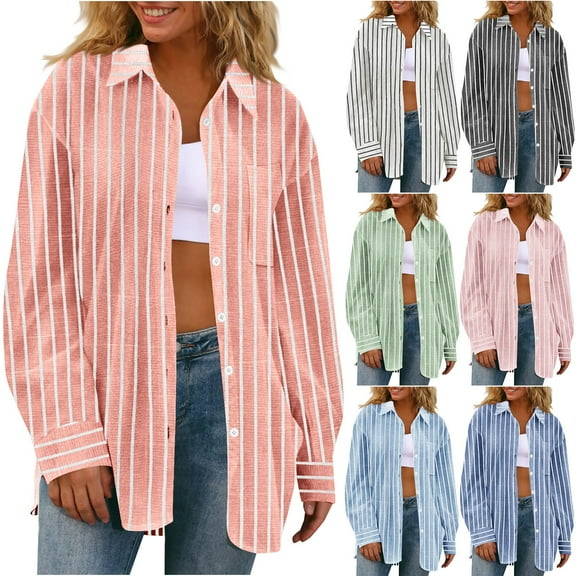 Olyvenn Linen Shirts for Women Striped Long Sleeve Shirt Casual Button Down Shirts Oversized Collared Shirt with Pockets Green XL