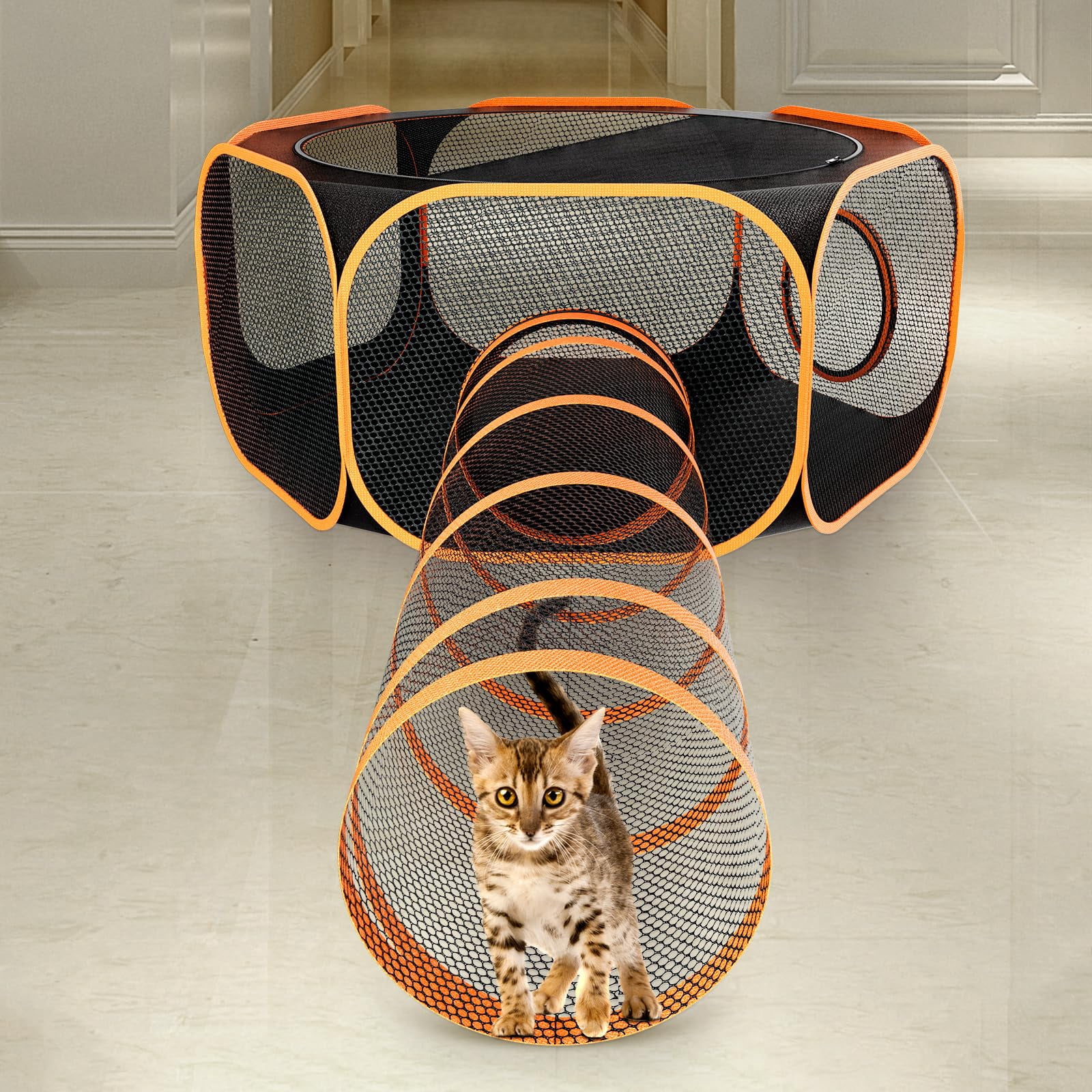 Cat Outdoor Enclosures Tunnel Playpen - Portable Indoor Collapsible Cats Enclosure With Shade Cover 2 Tunnels For Large Small Pets Animal Outside Catio Happy Travel Camping Yard