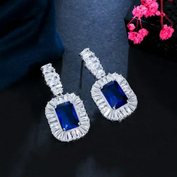Dark Blue Princess Cut CZ Crystal 925 Silver Dangle Drop Earrings for Brides