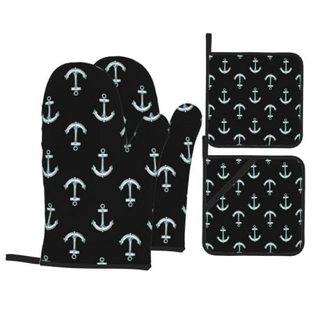 

Oven Mitts and Pot Holders Sets 4 pcs - cool Anchor black print Heat Resistant Silicone Oven Gloves with Non-Slip Silicone Surface and hot pads for kitchen Baking Cooking BBQ