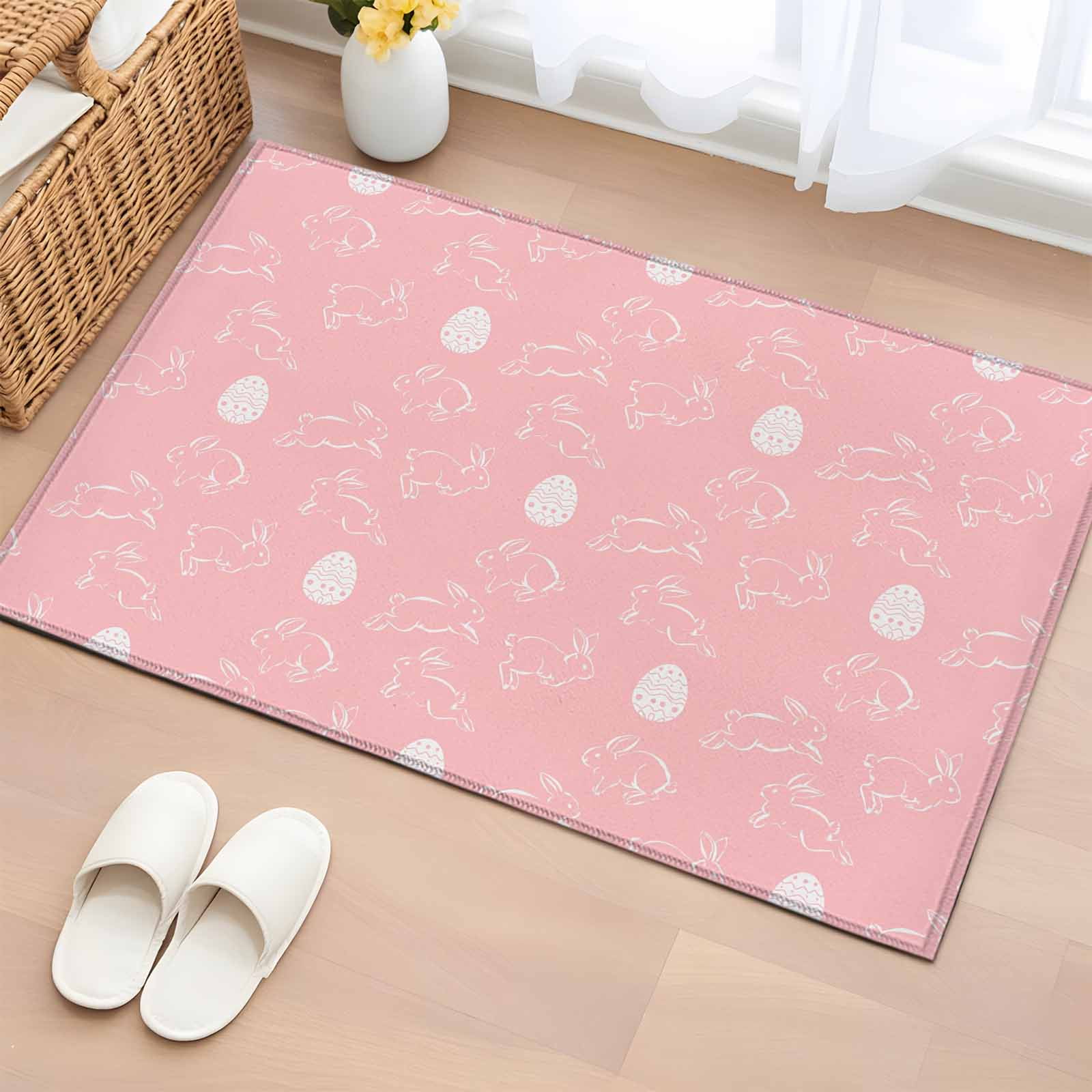 Entryway Rug 2'x3', Watercolor Easter Small Rug for Kitchen Bathroom Door Mat Indoor Entrance, Cute Rabbits Eggs Cartoon Pink Non-Slip Area Rugs Floor Mats Carpet Front Door Rugs