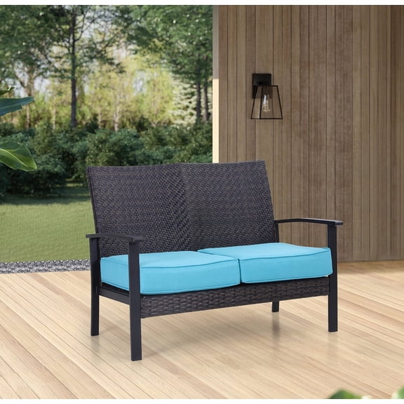 SUMMIT LIVING Outdoor Patio Rattan Wicker Conversation Set Loveseat Sofa with Aqua Cushions