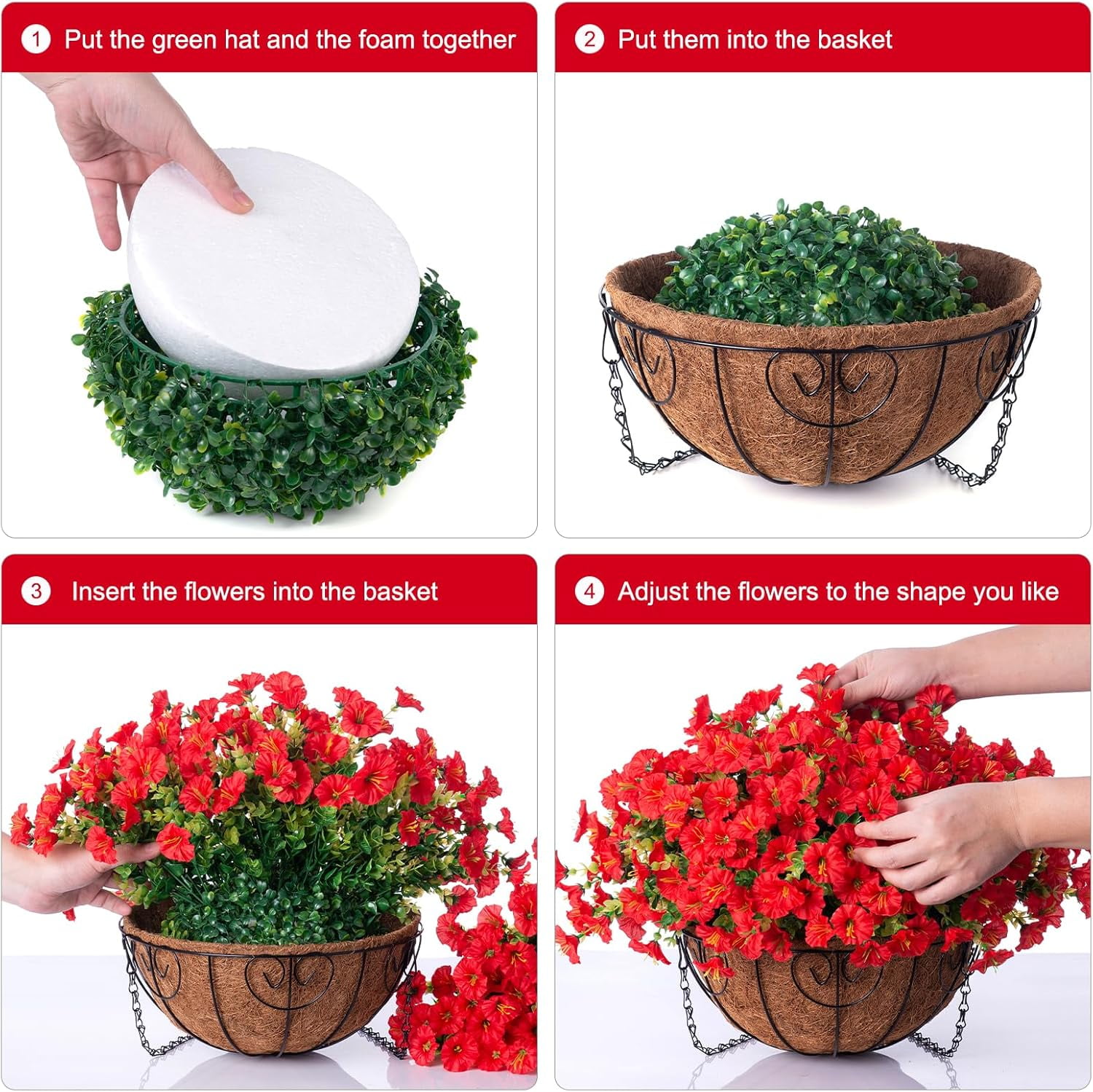 Artificial Faux Hanging Outdoor Plants Flowers Basket for Spring Summer Decoration, Fake Red Silk Morning Glory in Planter UV Resistant Look Real for Outside Porch Patio Balcony Home