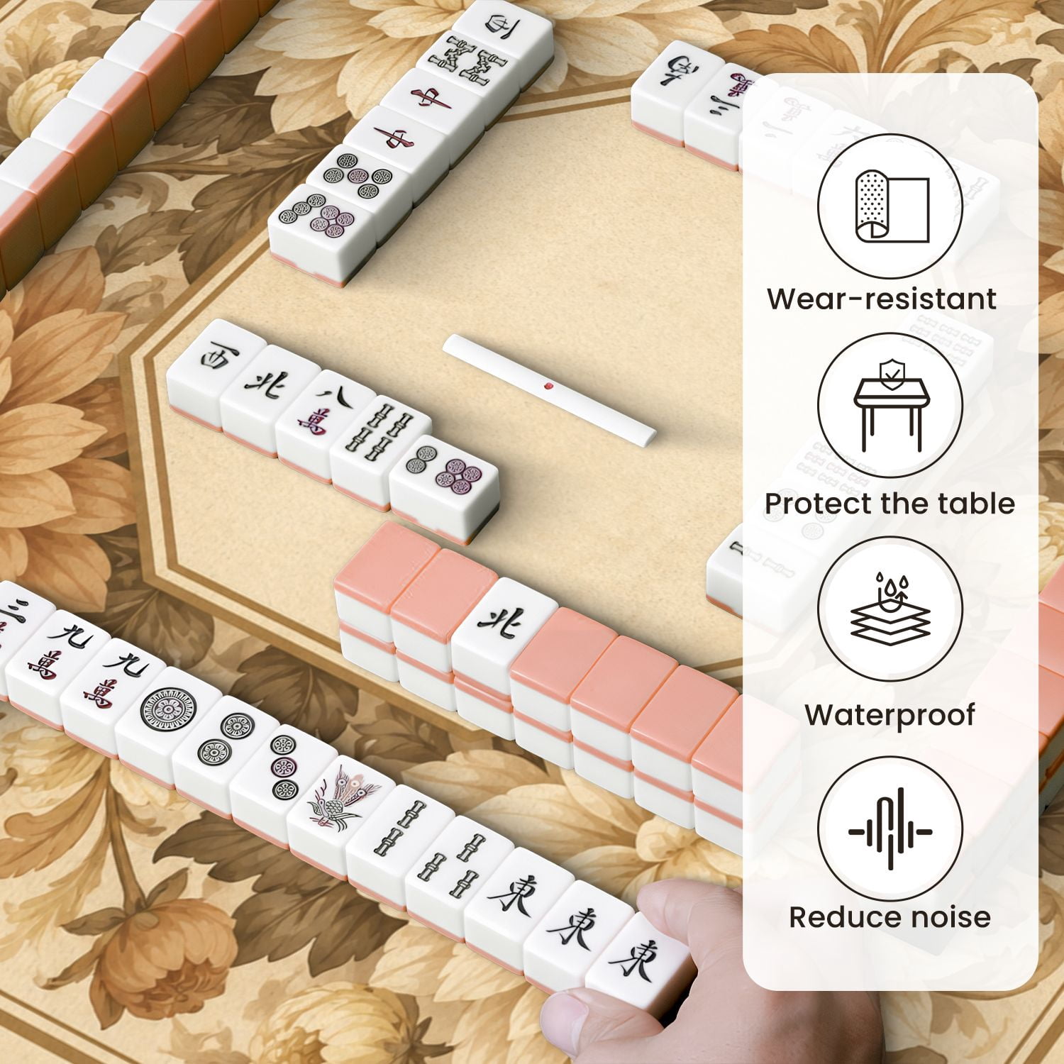 Mahjong Mat 31.5" x 31.5" Vintage Floral Frame Large Beige Brown Chrysanthemum Flowers Non-Slip Noise Reduction Mahjong Tiles Table Cover for Dominoes Poker Card Board and Tile Games