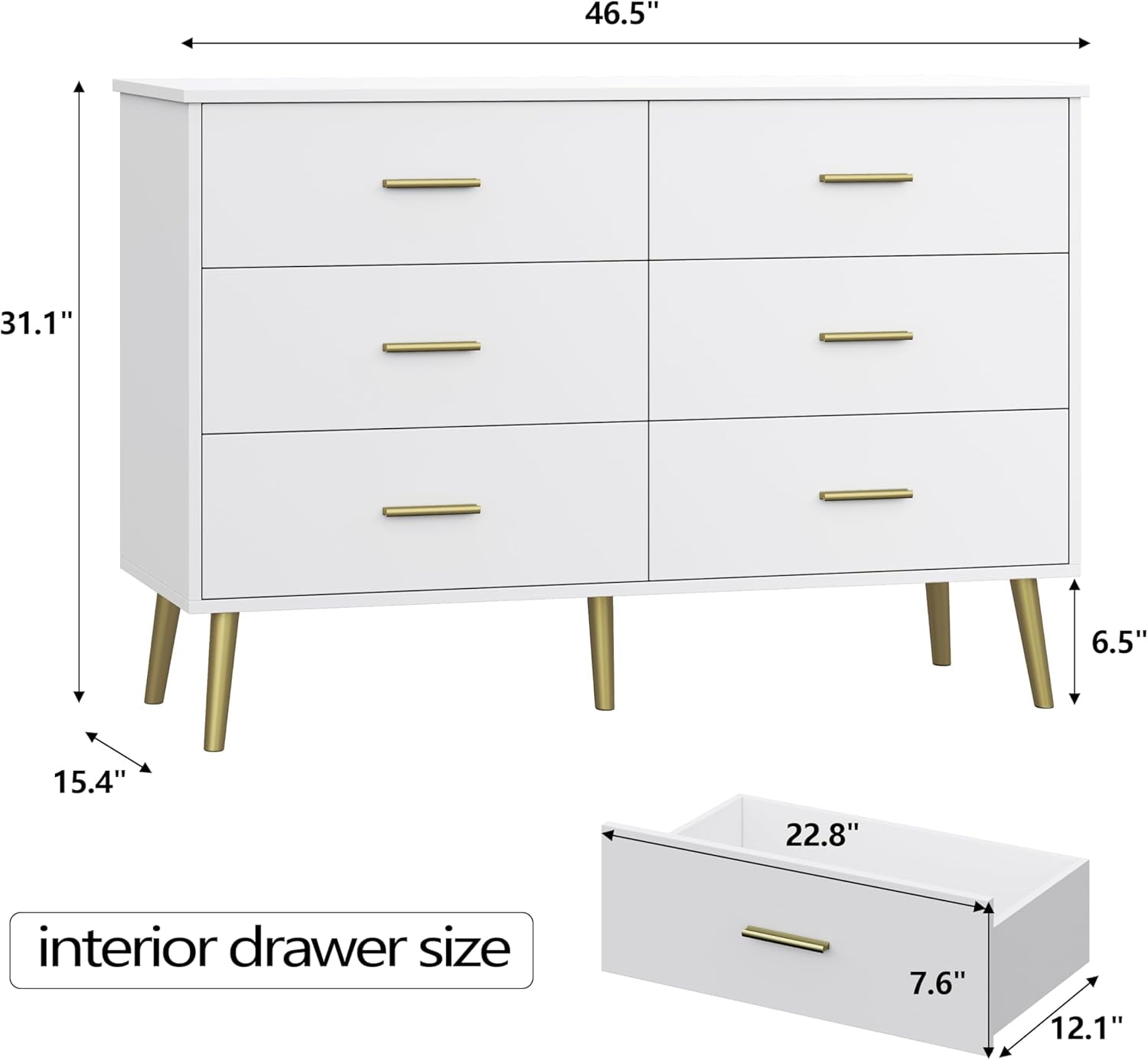 FANRAL 6 Drawers Dresser for Bedroom,Wood Modern Chest of Drawers with LED Light,Metal Support Feet,White Gold Dresser