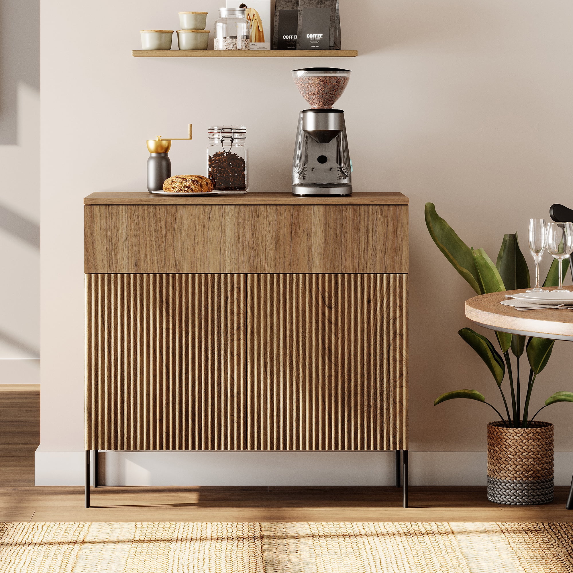 31.5" Wooden Reeded Sideboard with Doors and Drawer, Modern Credenza Storage Cabinet for Kitchen, Dining Room