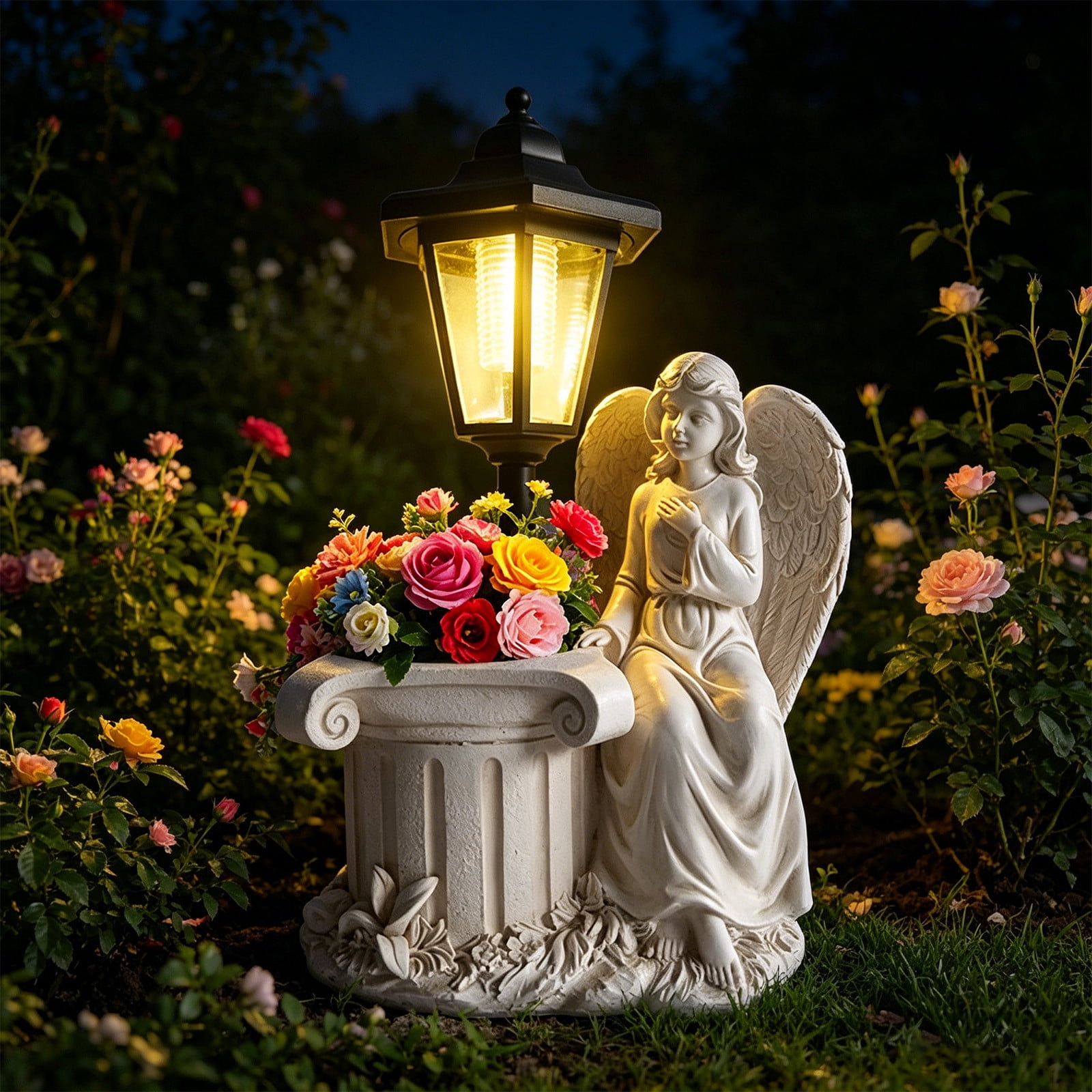 Angel Statue Solar Garden Light with Planter, Resin Outdoor Decorative Lantern, Weatherproof Sculpture Lamp for Patio, Yard, and Memorial Decor White