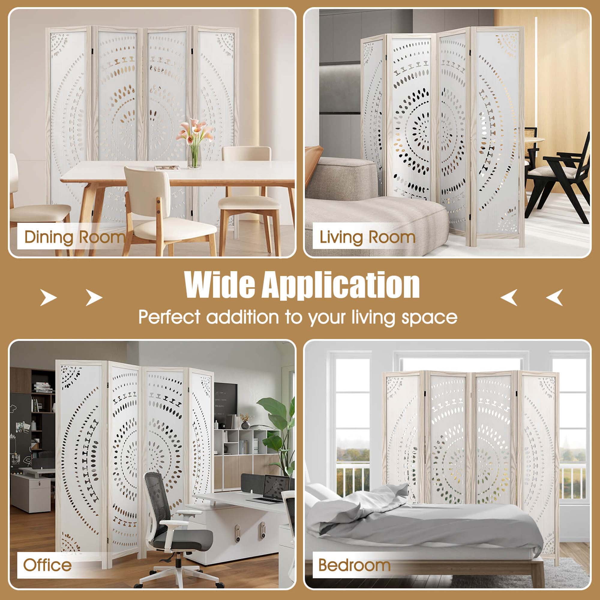 Costway 66" Boho 4-Panel Room Divider with Carved Pattern & Solid Wood Frame 360° Hinges