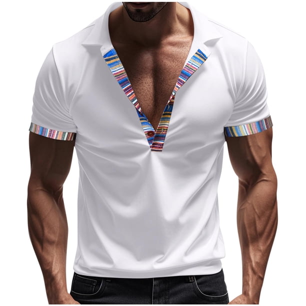 Blusa y camisa de manga corta con cuello vuelto para hombre, informal, de verano, de poliéster, con cuello vuelto y retazos.