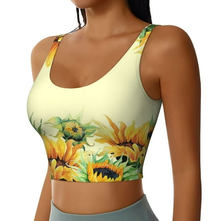 Picia Sunflowers On A Yellow Background Sports Bra for Women Padded Strappy Sports Bras Medium Support Yoga Bra with Removable Cups Running Yoga Bra-Large