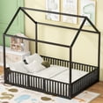 thumbnail image 2 of Euroco Metal Full Size House Bed Frame, Low Profile Canopy Bed with Fence and Door for Kids, Black, 2 of 15