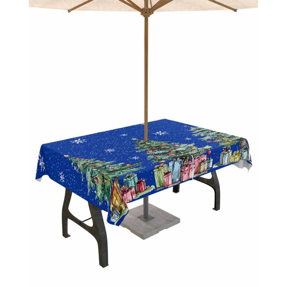 Boanket Outdoor Tablecloth with Umbrella Hole for Patio/Picnic/Party/Camping, Blue Tree Christmas Waterproof Table Cloth Rectangle Table Cover Washable, Xmas Snowflake Watercolor (60"x 84")