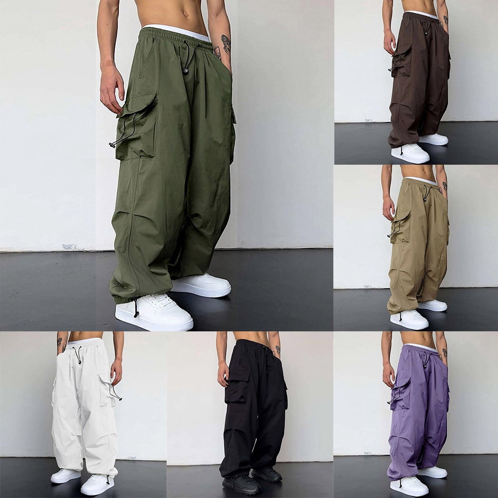 Mens Cargo Parachute Pants Streetwear Vintage Y2K Hip Hop Wide Leg