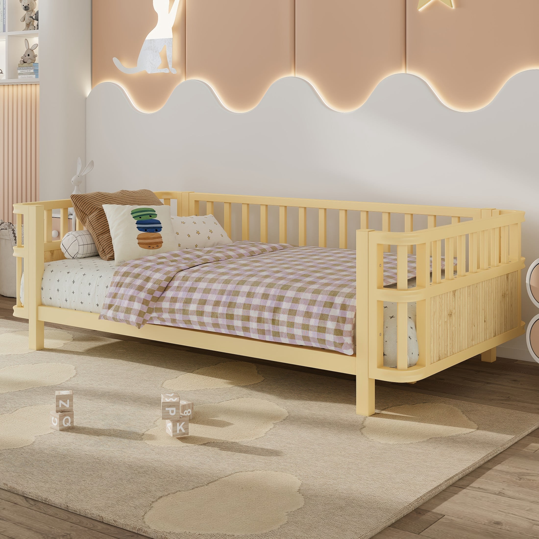Noble House Twin Size Kids Platform Bed Frame with Three-Sided Safety Guardrails, Removable Rail, Natural