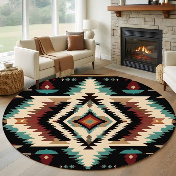 Round Rugs 5Ft, Boho Brown Teal Red Round Area Rug Washable Indoor Throw Carpet, Southwestern Geometric Abstract Vintage Soft Non Slip Circle Rug for Cabinet Bathroom Home Decor Aesthetic