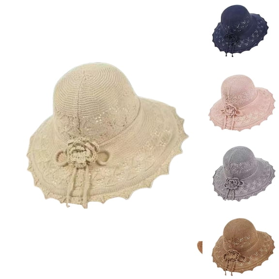 XINPING Womens Elegant Crochet Straw Hat with Ruffle Detail, Summer Beach Straw Hats for Wide Brim Sun Protection Hat in Spring and Summer