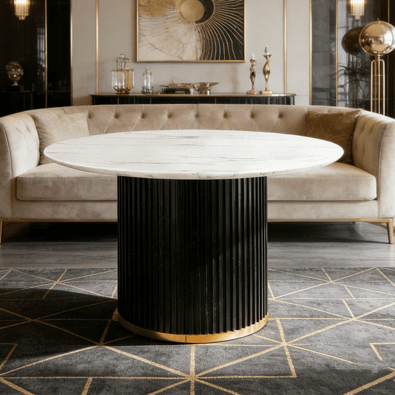 46" Round Faux Marble Dining Table with Gold Accent Wave Base | 4-Person Kitchen Table for Dining Room, Apartment, Modern Style