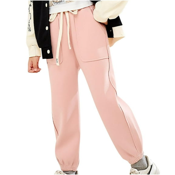 Jgppe Girls Sweatpants Casual Warm Windproof Solid Color Elastic Waist Drawstring Ankle Length Pants 4-16 Years