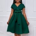 thumbnail image 4 of AherBiu Robes Formelles pour Femmes Manches Courtes Col en V Ceinturé Taille Froncée Soirée Cocktail, 4 of 7