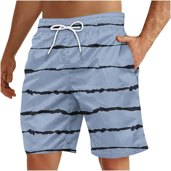 WAVSUF Summer Drawstring Shorts for Mens Elasticity Short Pants Stripe Blue Size L